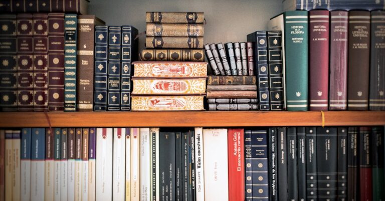 A detailed view of a bookshelf with vintage and classic books arranged neatly, offering a historic ambiance.